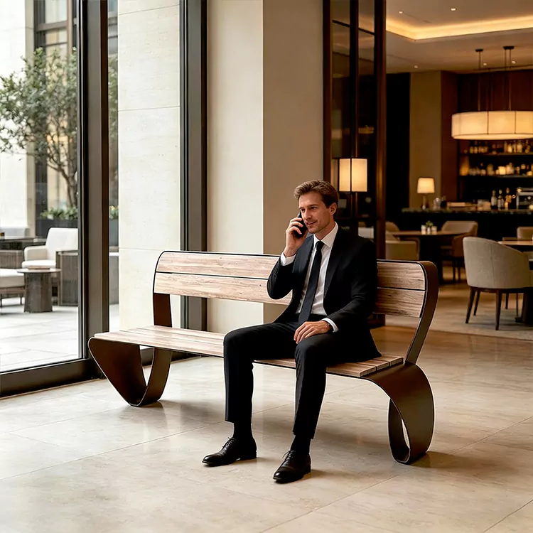Commercial Metal Frame Bench with Wooden Seat